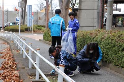 歩道の落ち葉を拾う東大和高校の生徒たちの写真