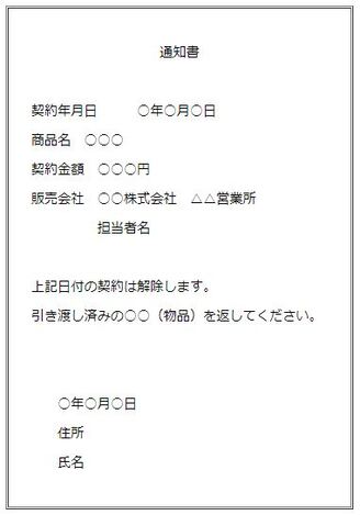 写真：訪問購入の場合の通知書記入例　通知書　契約年月日　○年○月○日　商品名　○○○　契約金額　○○○円　販売会社　○○株式会社　△△営業所　担当者名　上記日付の契約は解除します。引き渡し済みの○○（物品）を返してください。○年○月○日　住所　氏名