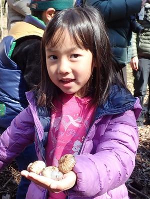 写真：カブトムシの幼虫を手に持つ女の子