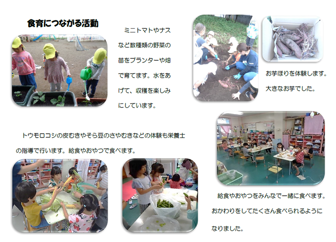 食育として、野菜を育てて収穫したり、給食室で調理してもらっています